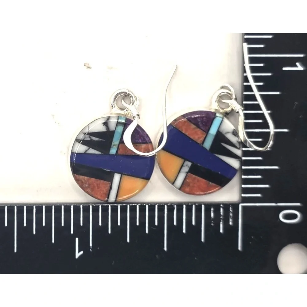 Multi-Gemstone Round Earrings Dangles‎ Sterling Silver 925 Round Signed SM NWOT